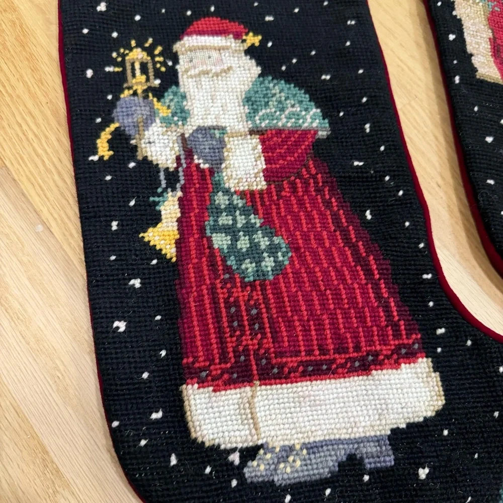 2 Vintage Wool Christmas Stockings Santa   Needlepoint  19